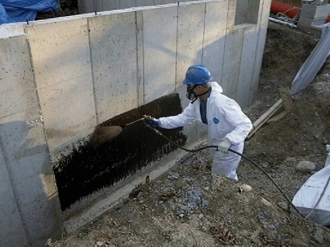 Professional waterproofing the exterior walls of the basement in Stockton, CA
