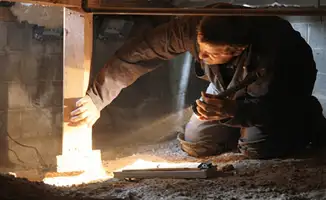 A professional inspecting wooden beams under the floor of a structure in Stockton, CA